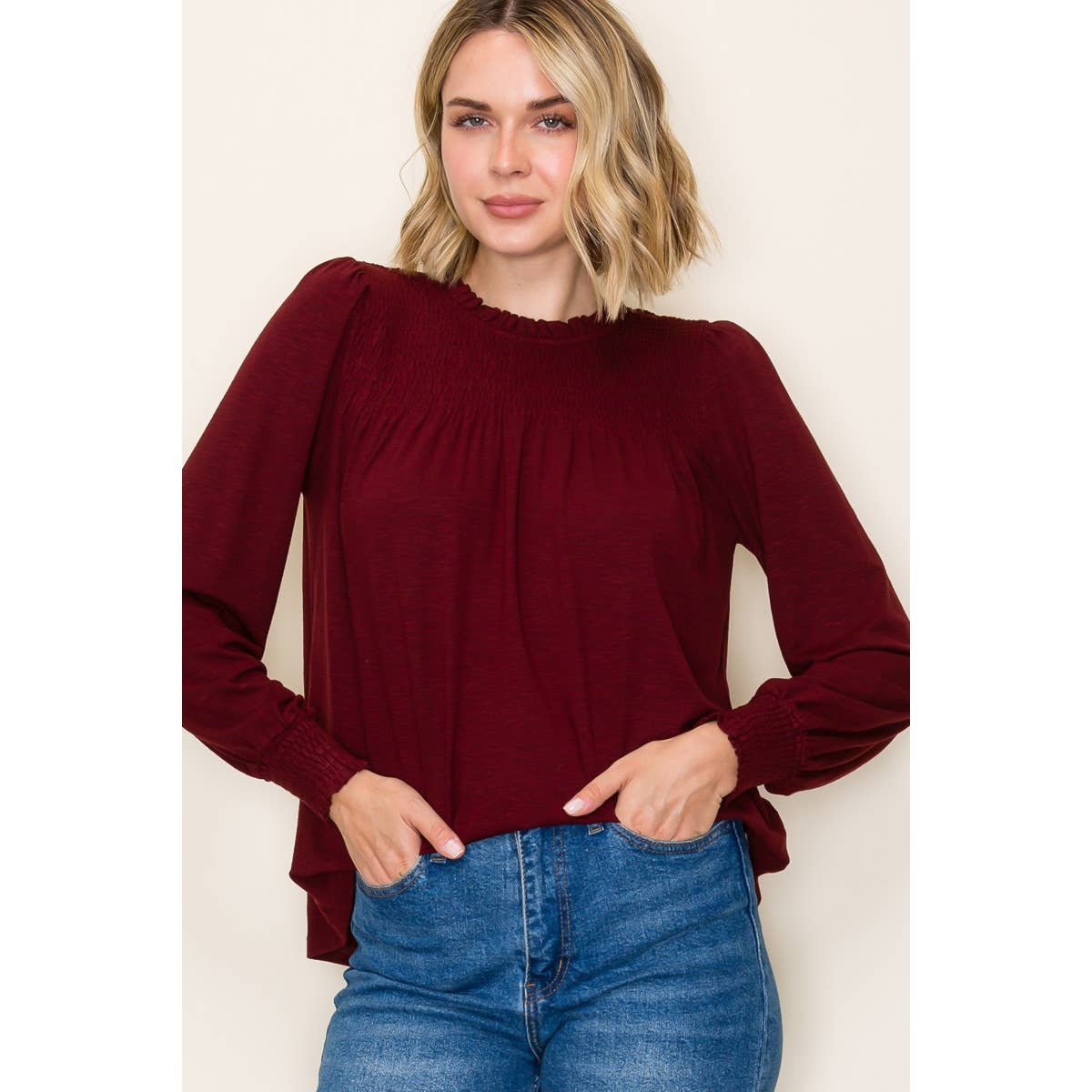 Burgundy Ruffle Smocked Long Sleeve Top