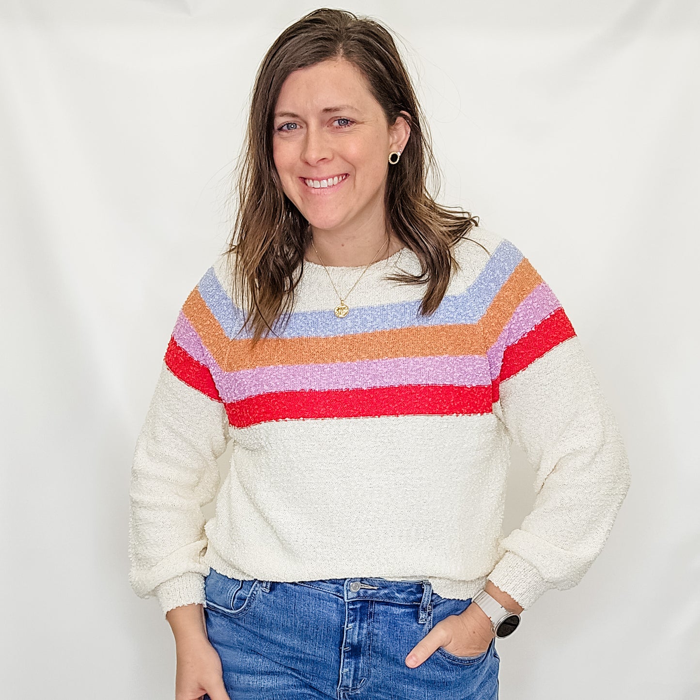 Cream & Colorful Stripe Loose Fit Sweater