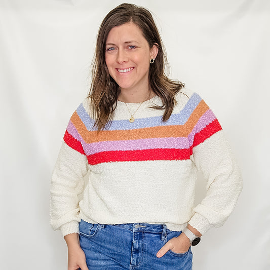 Cream & Colorful Stripe Loose Fit Sweater