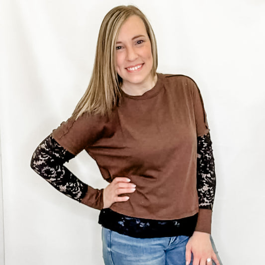 Dark Brown & Black Lace Long Sleeve Top