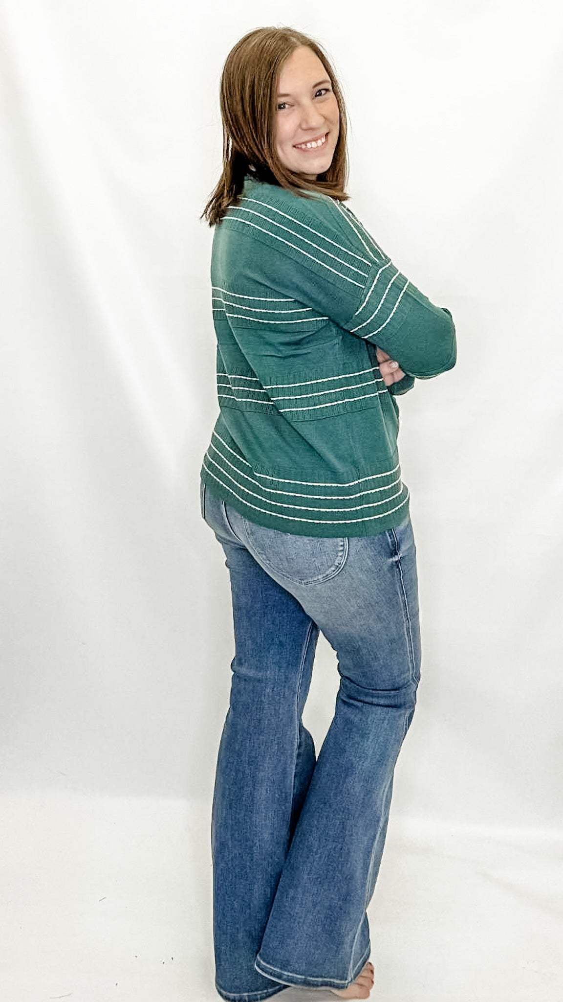 Dark Jade Stritch Striped Sweater. Staccato