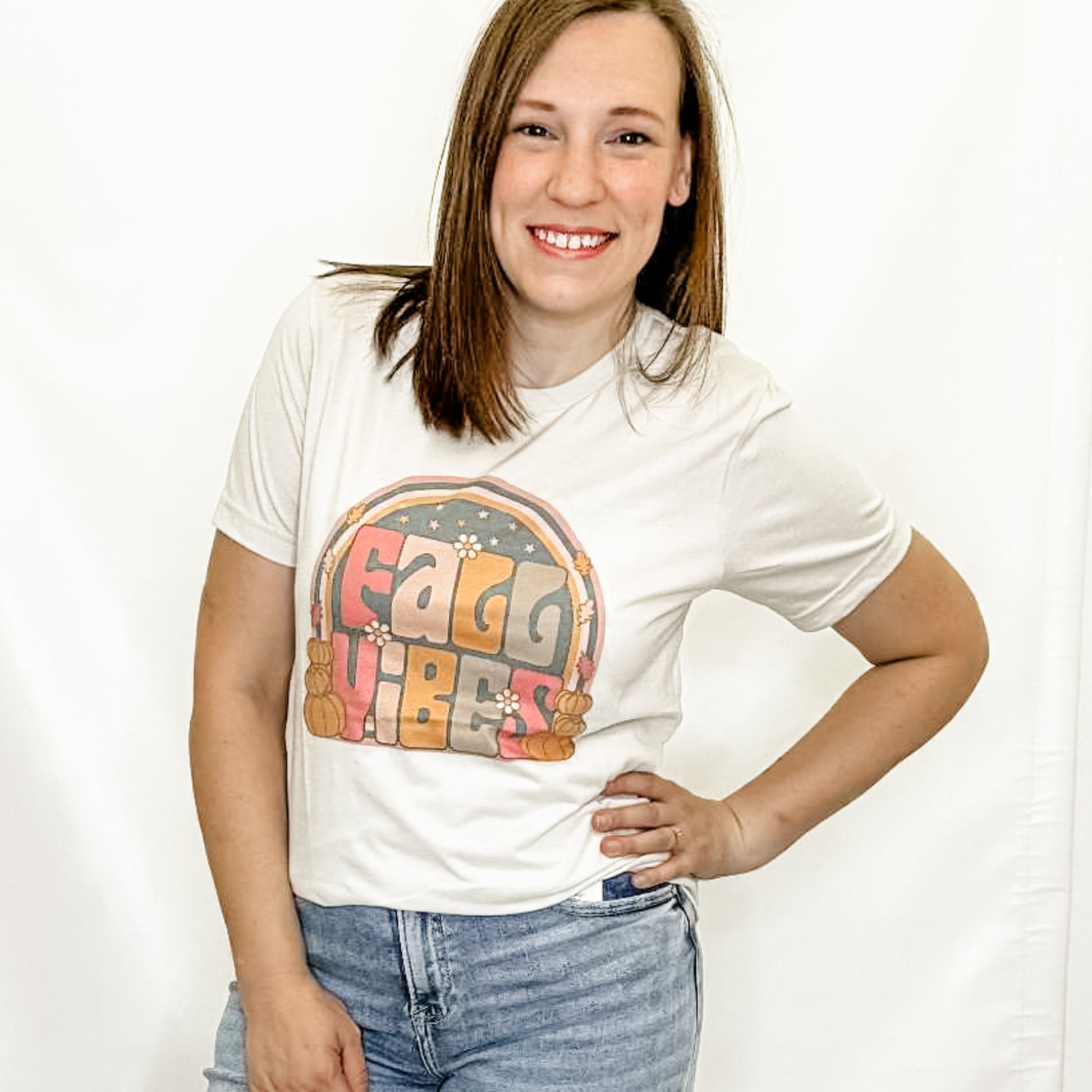 Fall Vibes Heather Oatmeal Graphic Tee. Bella Canvas. Halloween. Pumpkins.