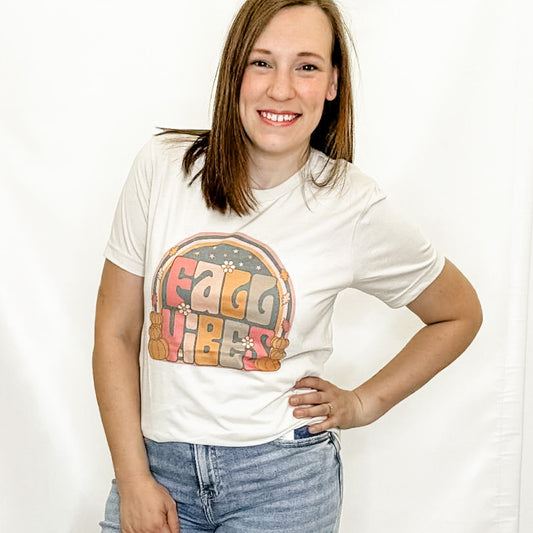 Fall Vibes Heather Oatmeal Graphic Tee. Bella Canvas. Halloween. Pumpkins.