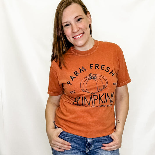 Farm Fresh Pumpkins Rust Graphic Tee. Comfort Colors. Yam. S-2x.