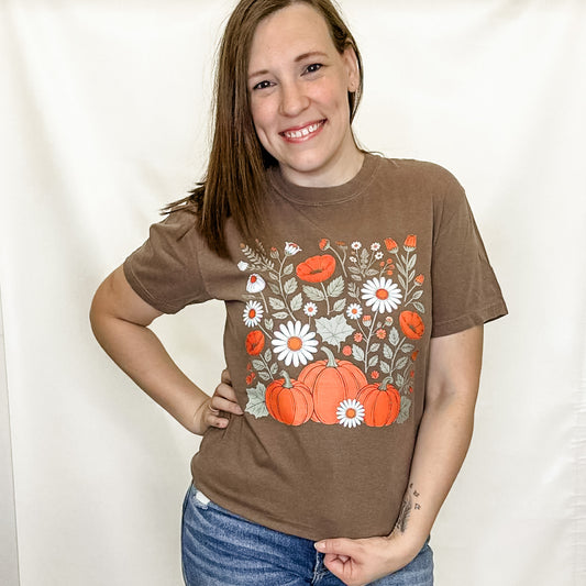 Floral Pumpkin Patch Brown Graphic Tee. Comfort Colors. S-2x.