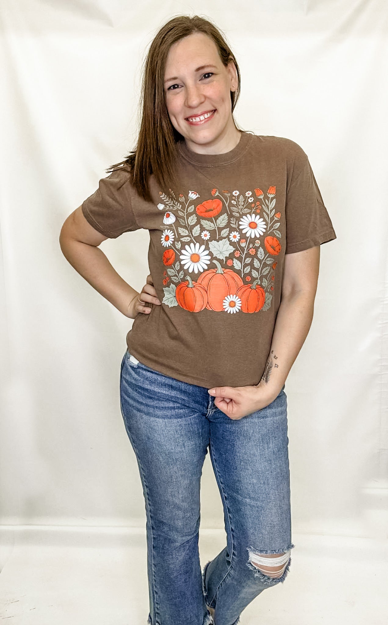 Floral Pumpkin Patch Brown Graphic Tee. Comfort Colors. S-2x.