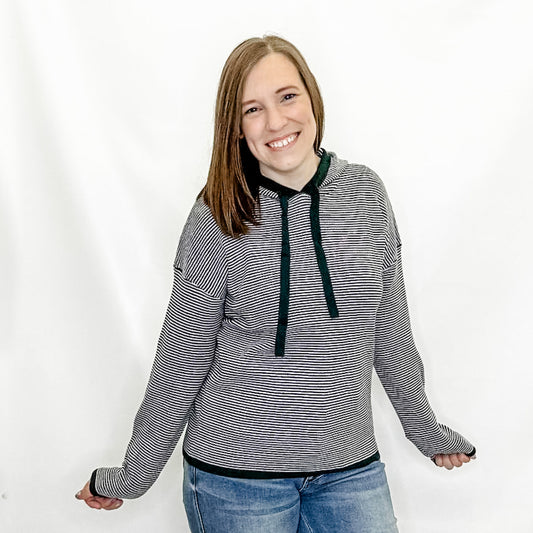 Forest Green Striped Waffle Textured Hooded Sweater