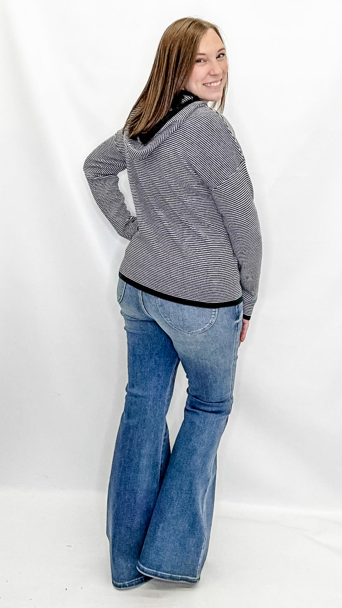 Forest Green Striped Waffle Textured Hooded Sweater