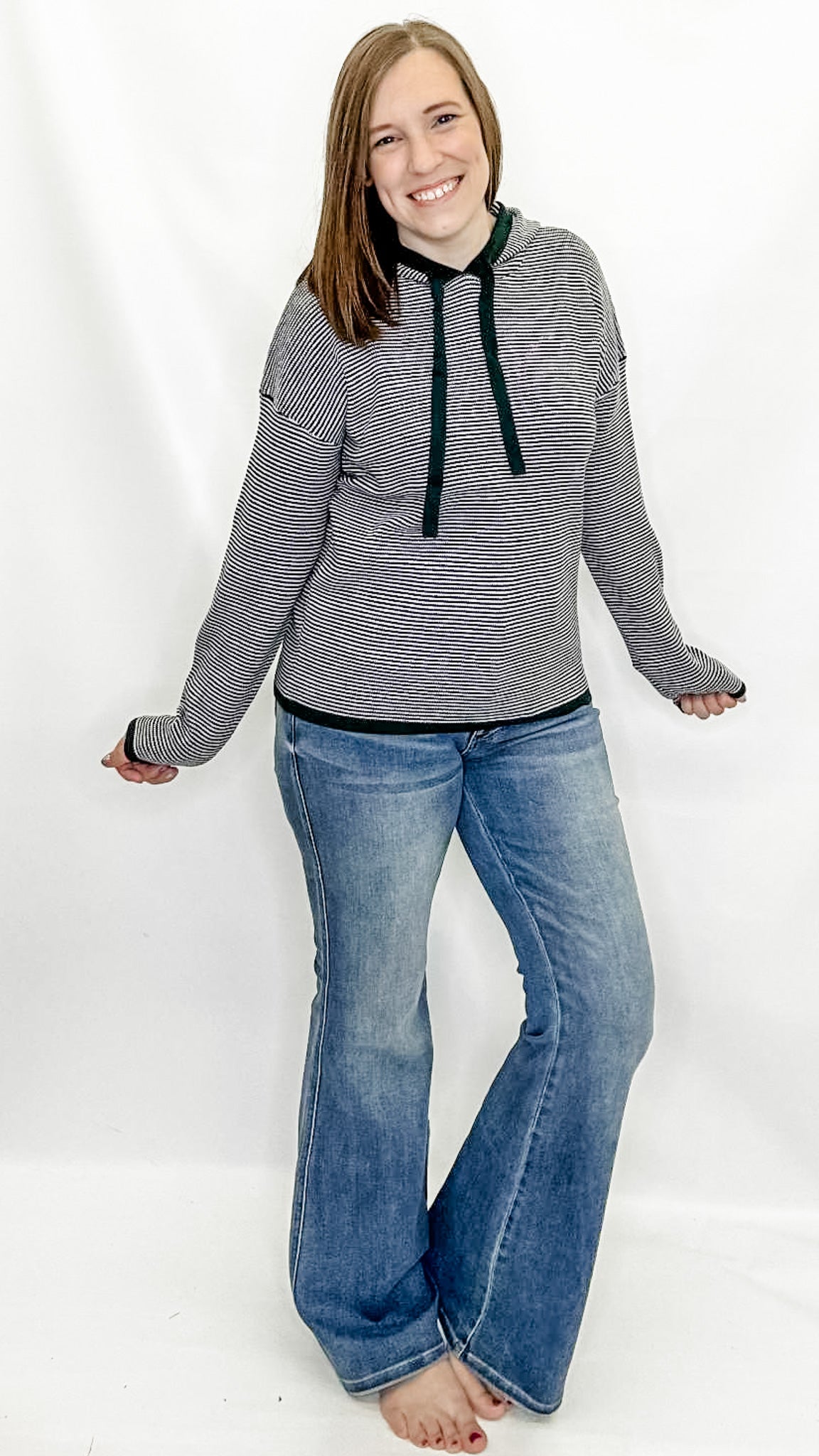 Forest Green Striped Waffle Textured Hooded Sweater