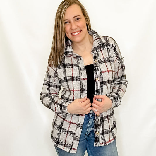 Gray, Black & Red Soft, Button Down Plaid