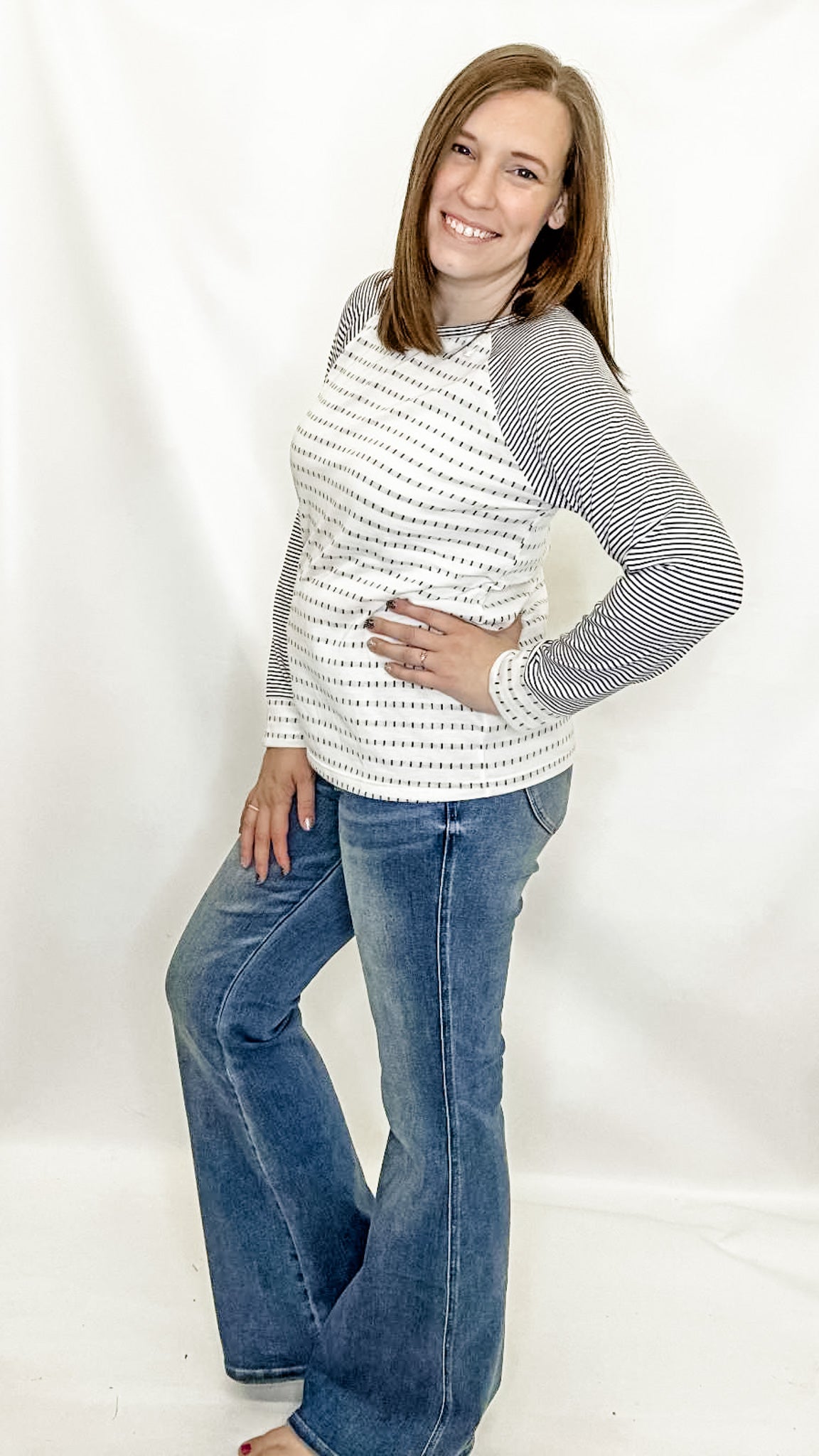 Ivory & Green Striped Long Sleeve Top