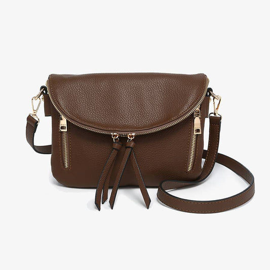 Jen & Co Aubree Flapover Multi-compartment Crossbody Bag - M2768. Brown. Front view.