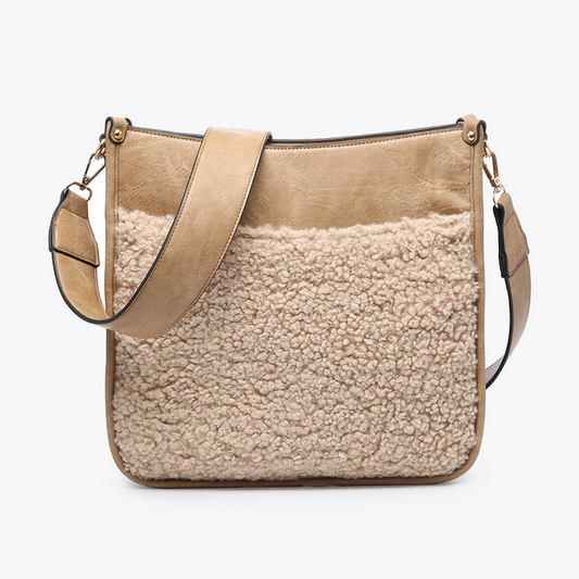 Jen & Co Chloe Teddy Trim Crossbody with Guitar Strap - M1977TED. Taupe. Front view.