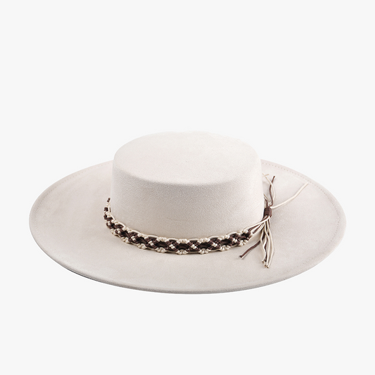 Jen & Co Jazzlyn Faux Suede Boater Hat w/ Macrame Band - HAT2324. Beige.