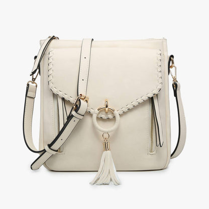 Jen & Co Layla Faux Suede Whipstitch Crossbody w/ Tassel - M2347. Off white. Front view.