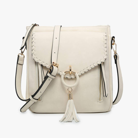 Jen & Co Layla Faux Suede Whipstitch Crossbody w/ Tassel - M2347. Off white. Front view.