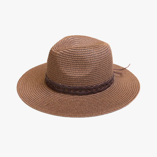 Jen & Co Mary Straw Fedora w/ Leather Chain Band - HAT2497. Brown. 