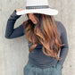 Jen & Co Mary Straw Fedora w/ Leather Chain Band - HAT2497. Lifestyle view.