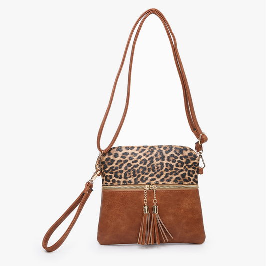 Jen & Co Tara Double Zip Crossbody Bag/Wristlet - M1785. Leopard Mustard. Front view.