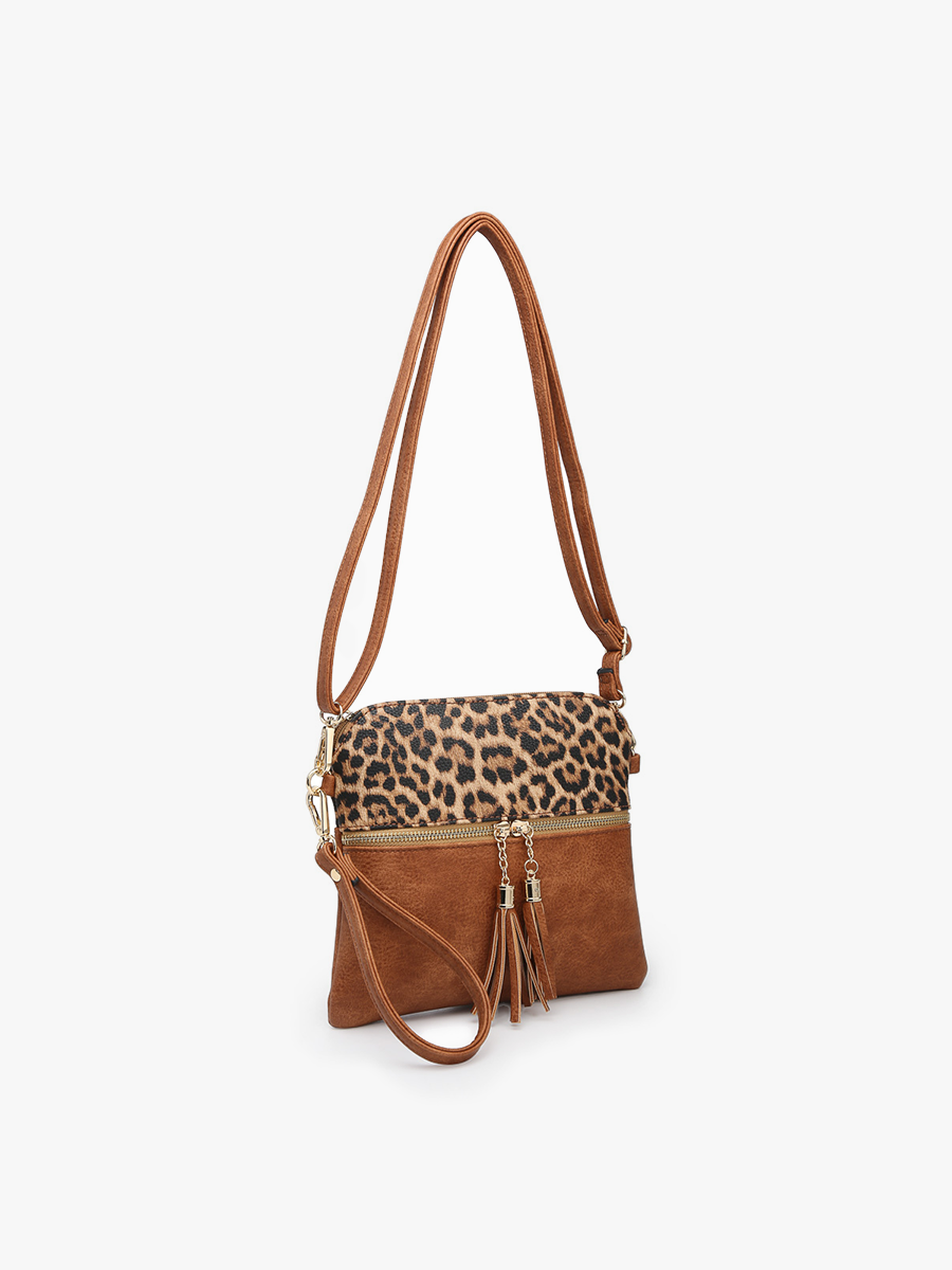 Jen & Co Tara Double Zip Crossbody Bag/Wristlet - M1785. Leopard mustard. Side view.