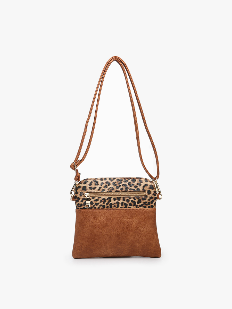 Jen & Co Tara Double Zip Crossbody Bag/Wristlet - M1785. Leopard Mustard. Back view.