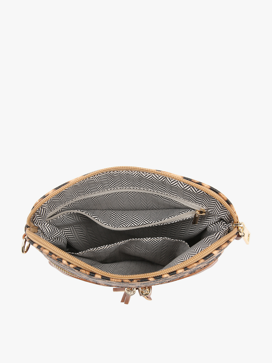 Jen & Co Tara Double Zip Crossbody Bag/Wristlet - M1785. Leopard mustard. Inside view.