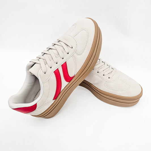 La Sheelah Beige & Red Platform Sneakers. Game day sneakers. 