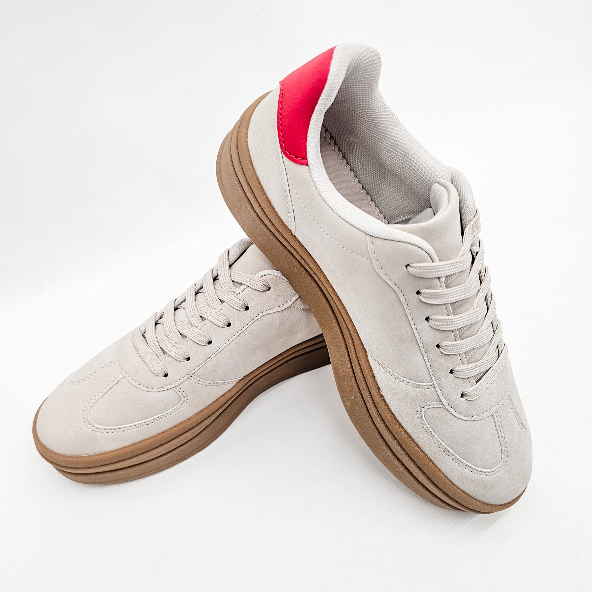 La Sheelah Beige & Red Platform Sneakers. Game Day Sneakers.