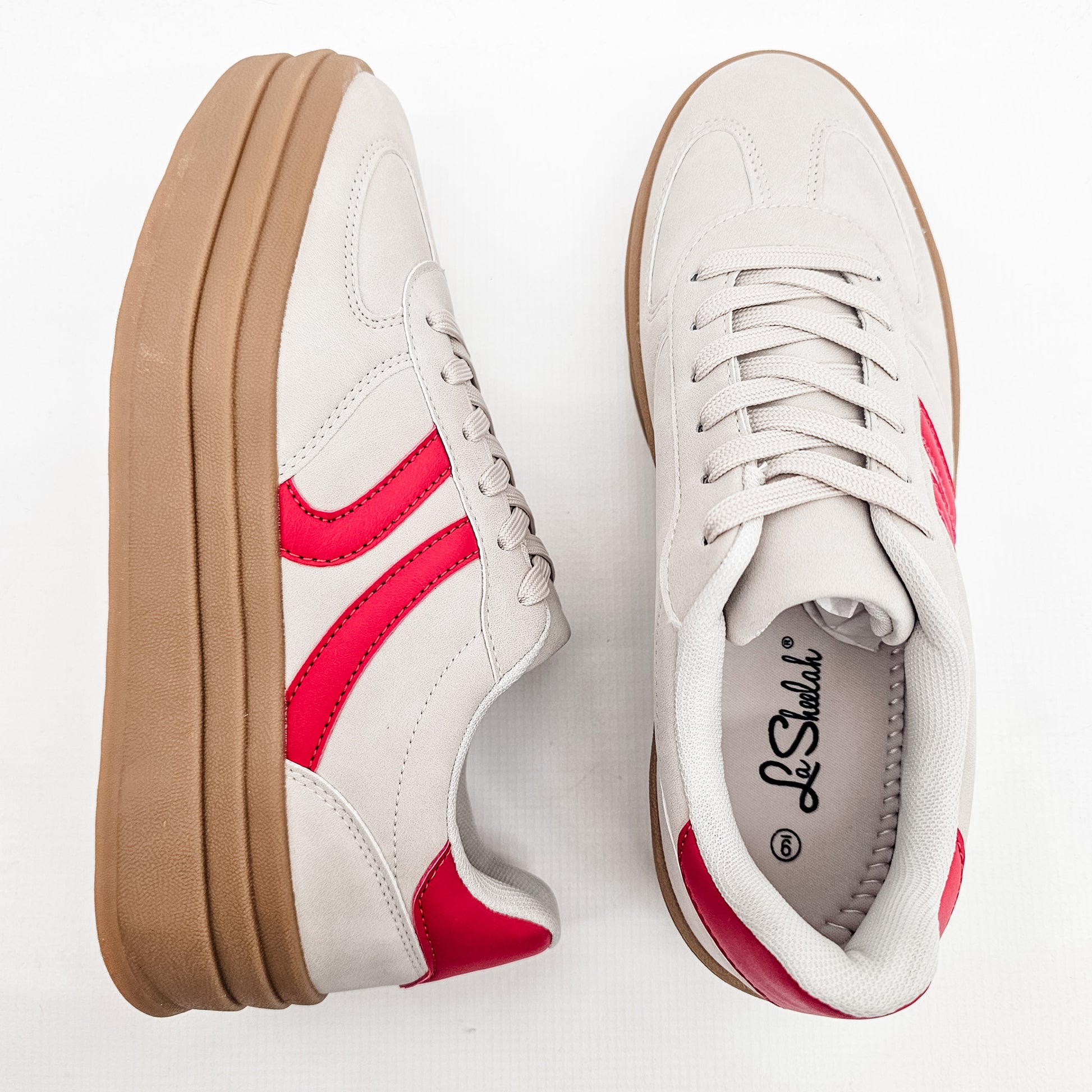 La Sheelah Beige & Red Platform Sneakers. Game Day Sneakers.