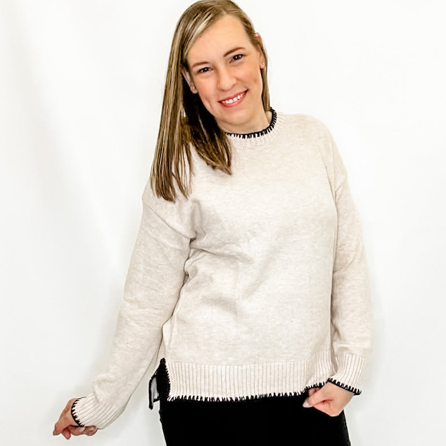 Light Khaki Sweater with Black Trim