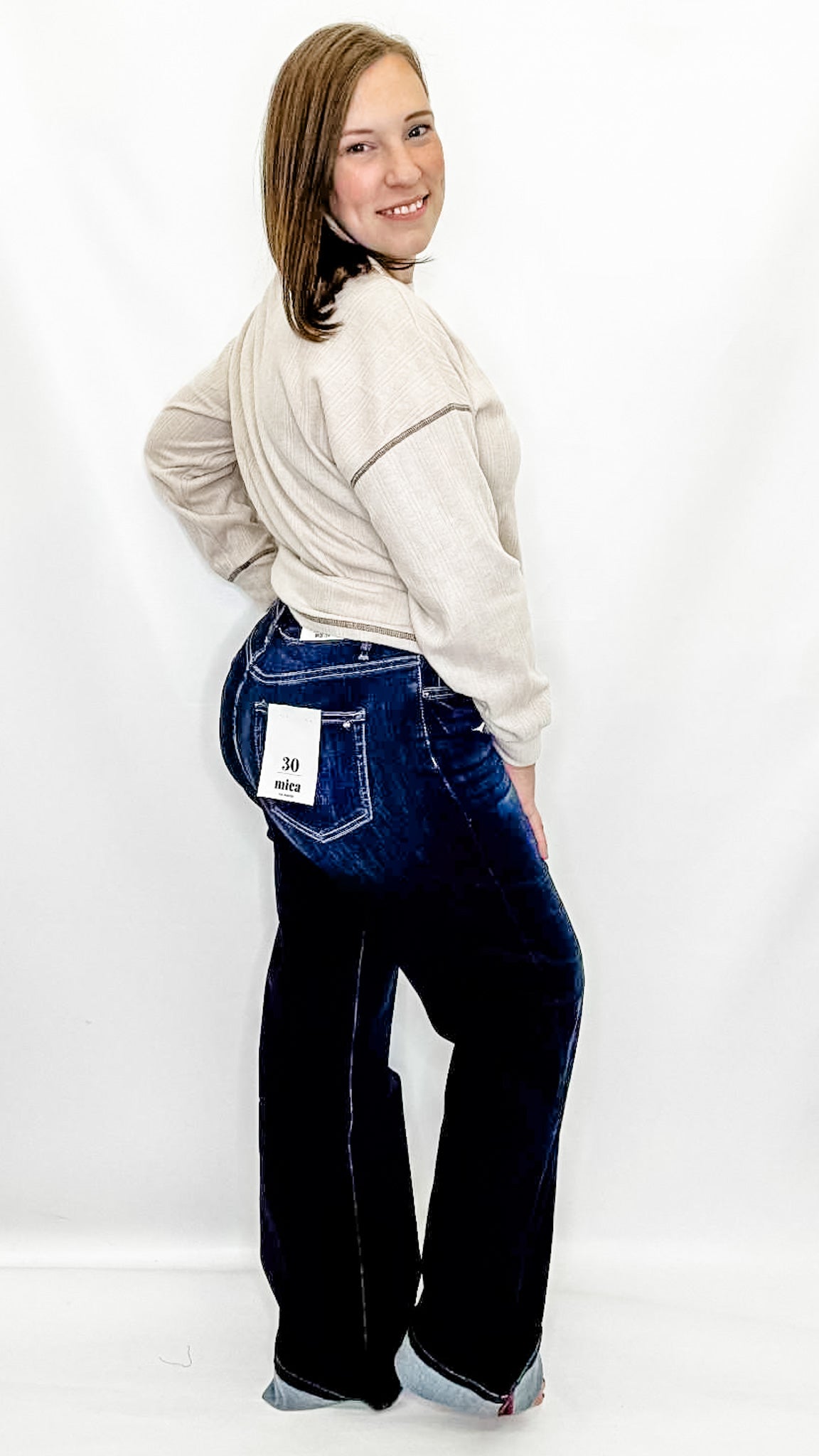 Mica Blue Whale Hi Rise Wide Leg with Cuff Hem Jeans - W3246DK