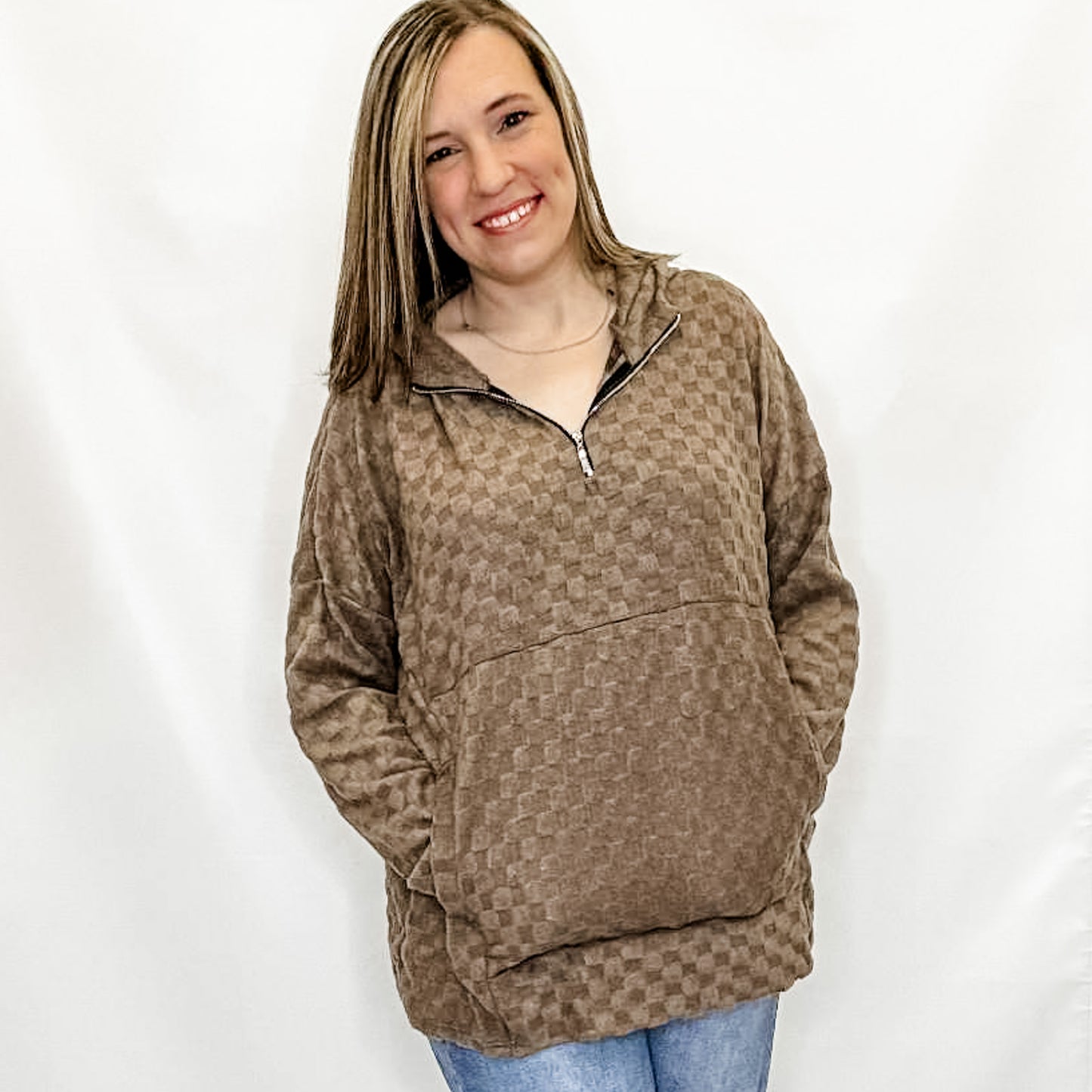 Mocha Check Hooded Quarter Zip Top