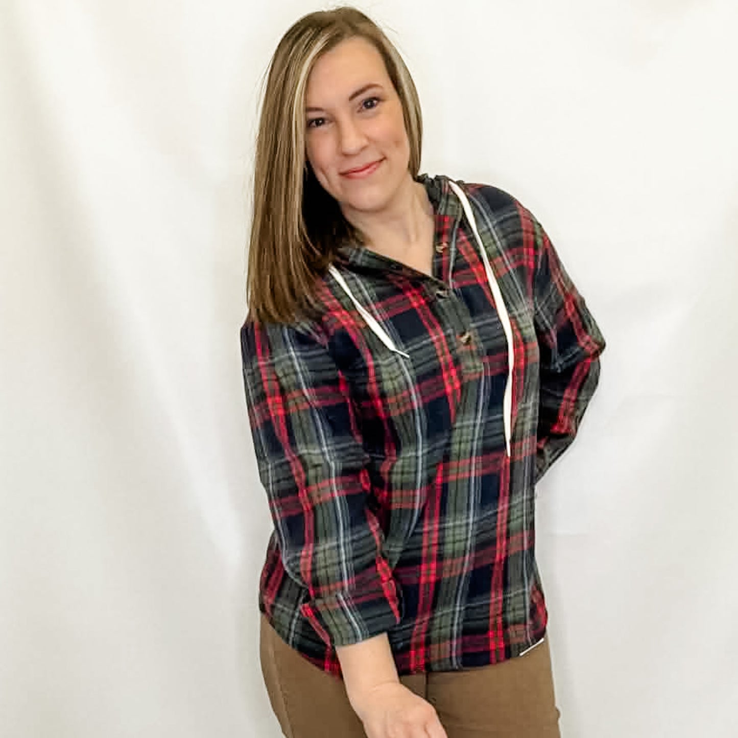 Navy, Green & Red Plaid Hooded Shirt