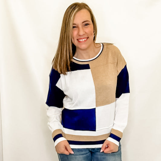 Navy, Tan, and White Lightweight Sweater