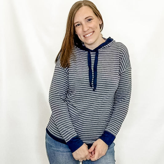 Navy Trimmed Striped Lightweight Hoodie. Staccato