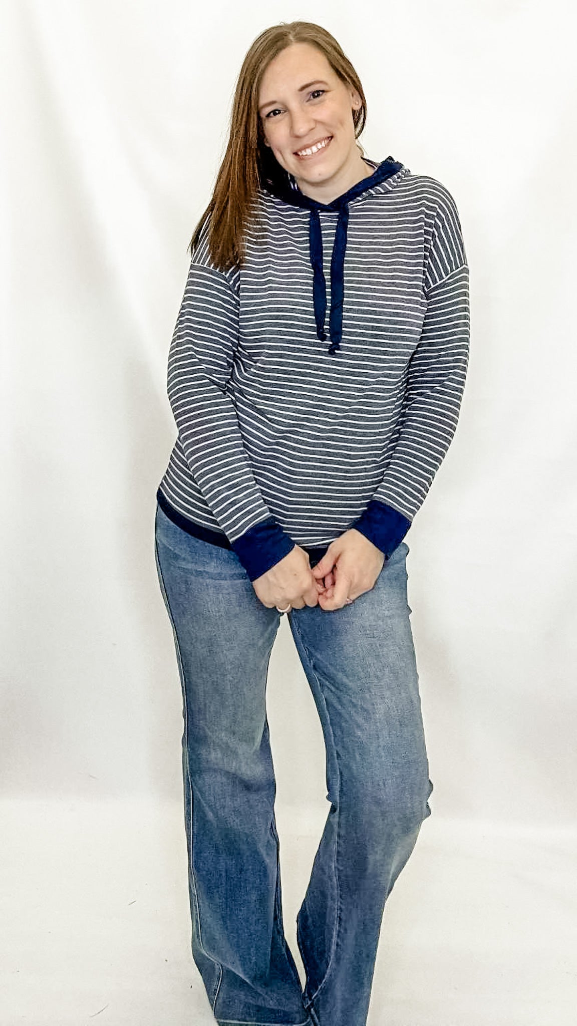 Navy Trimmed Striped Lightweight Hoodie. Staccato.