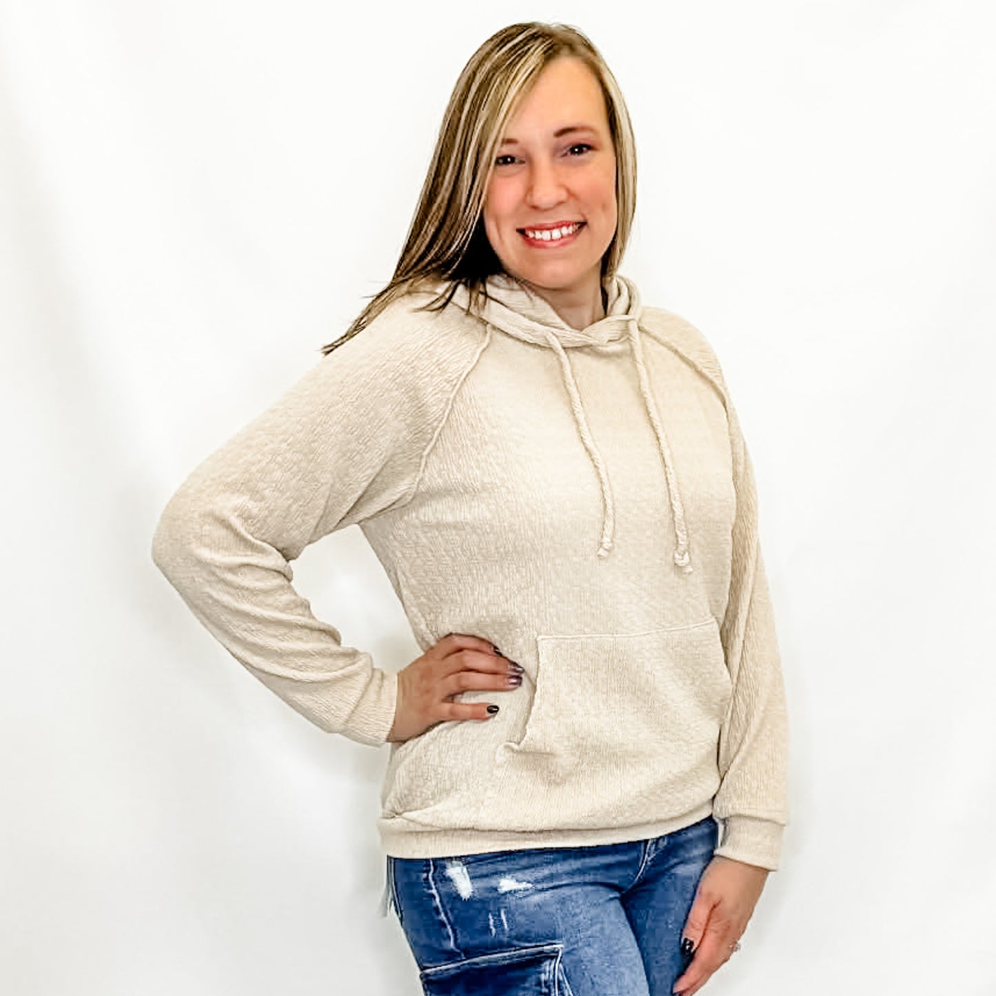 Oatmeal Textured Hoodie Long Sleeve