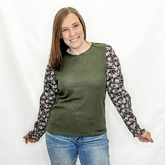 Olive & Floral Print Smocked Cuff Long Sleeve. Staccato. Dressy top.