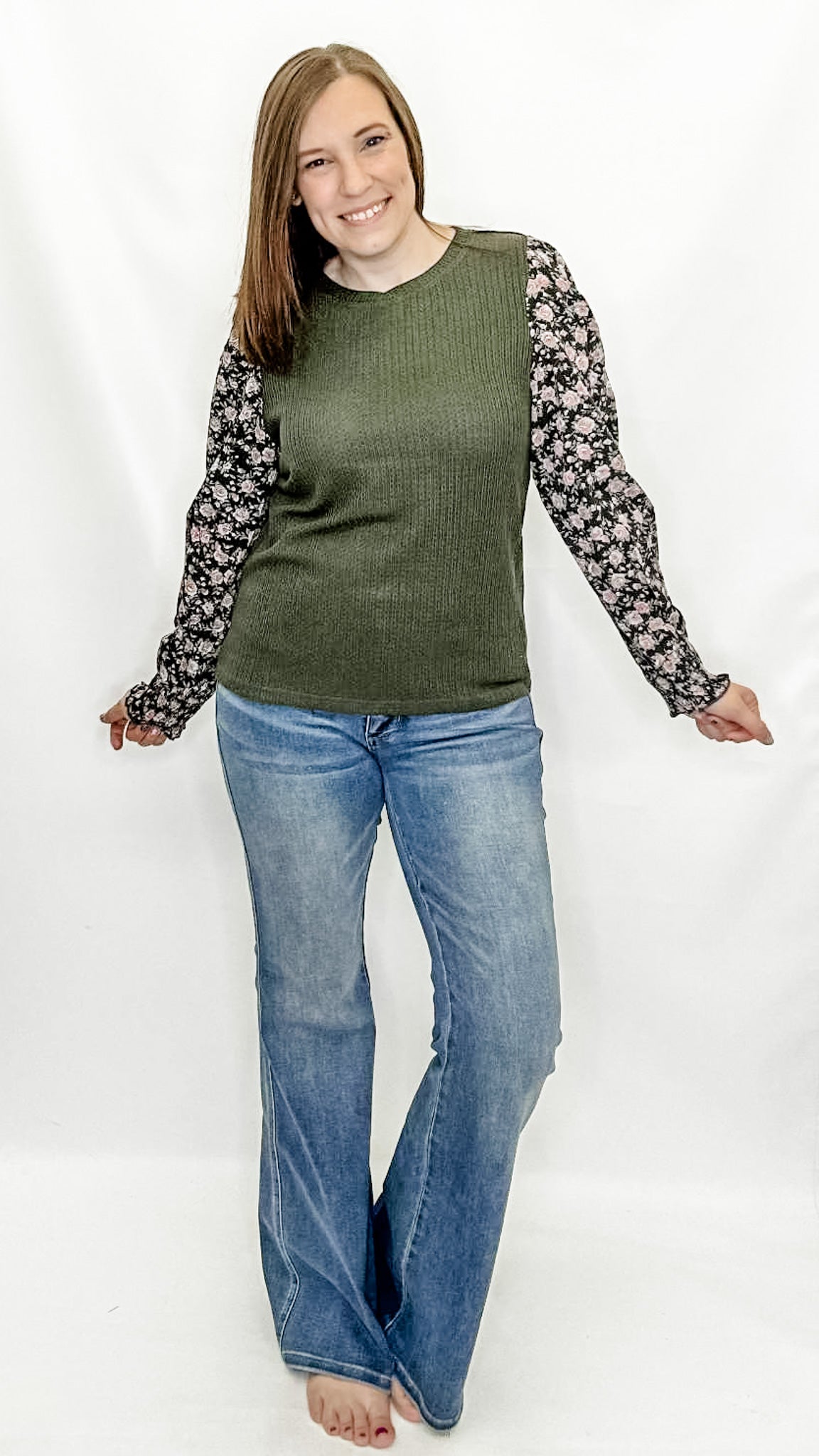 Olive & Floral Print Smocked Cuff Long Sleeve. Dressy top. Staccato.