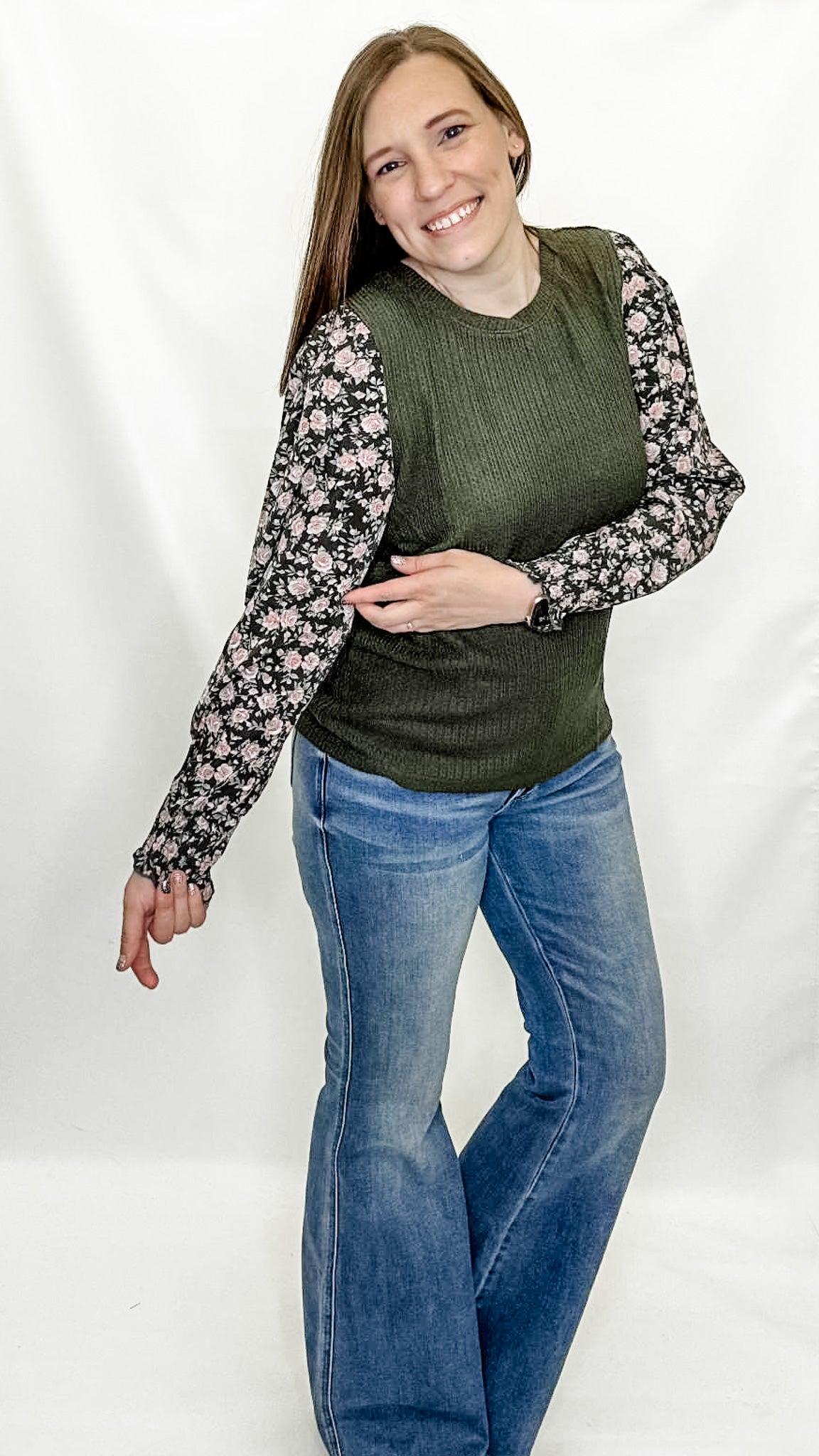 Olive & Floral Print Smocked Cuff Long Sleeve. Dressy. Staccato.