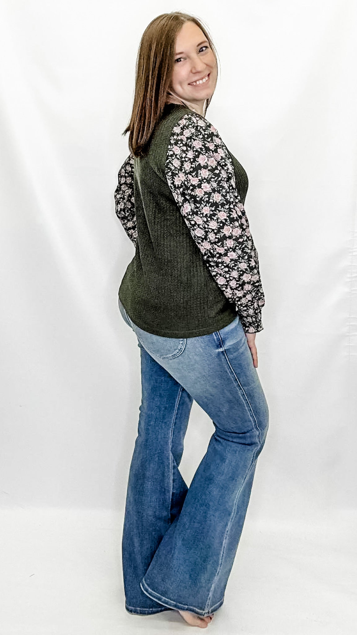 Olive & Floral Print Smocked Cuff Long Sleeve. Dressy. Staccato brand.