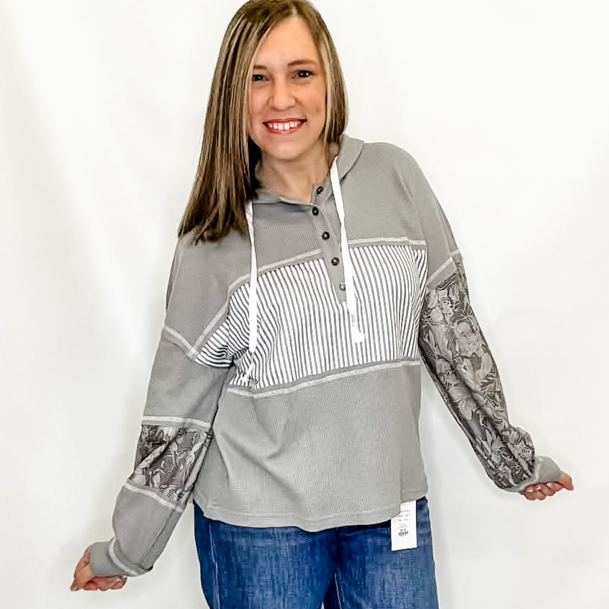 Olive Gray Striped Waffle & Print Front Hoodie