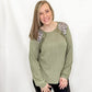 Olive Green & Leopard Print Crochet Textured Top