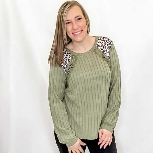 Olive Green & Leopard Print Crochet Textured Top