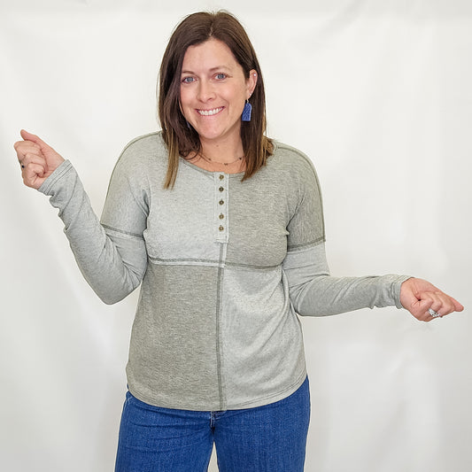 Olive Half Button Color Block Top. Staccato.