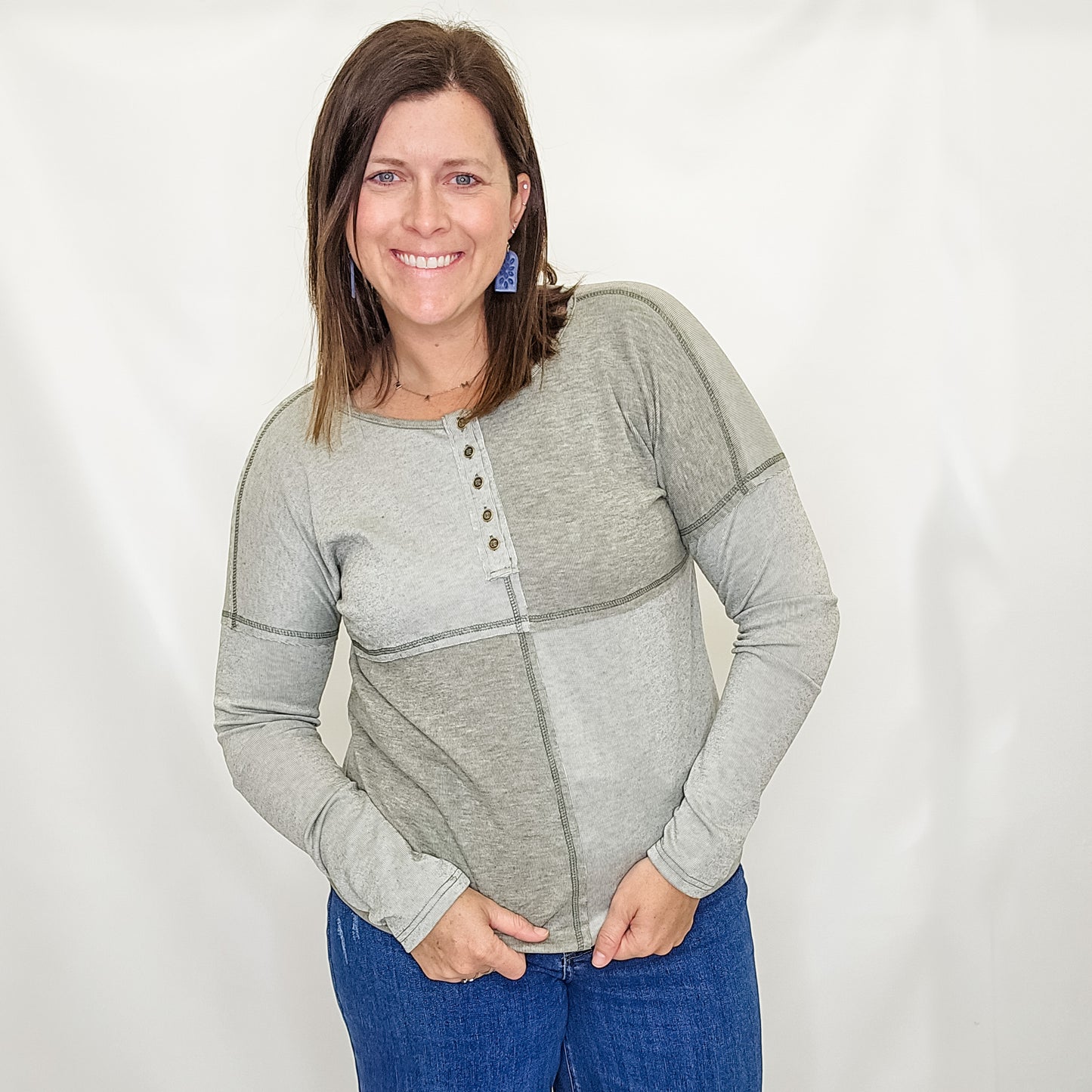 Olive Half Button Color Block Top. Staccato