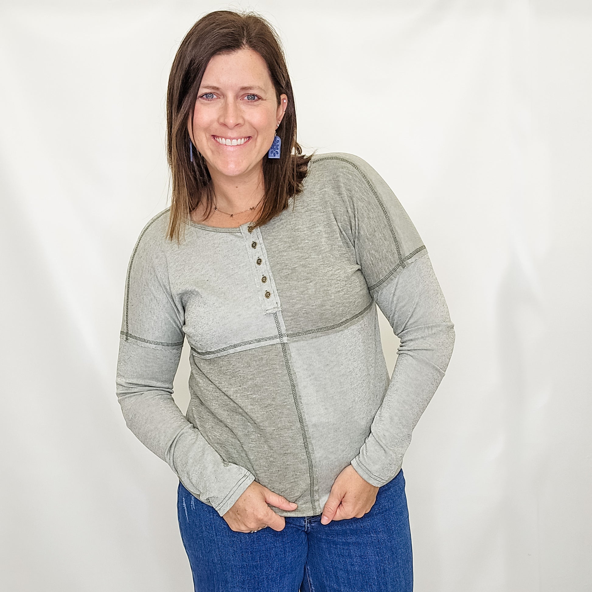 Olive Half Button Color Block Top. Staccato