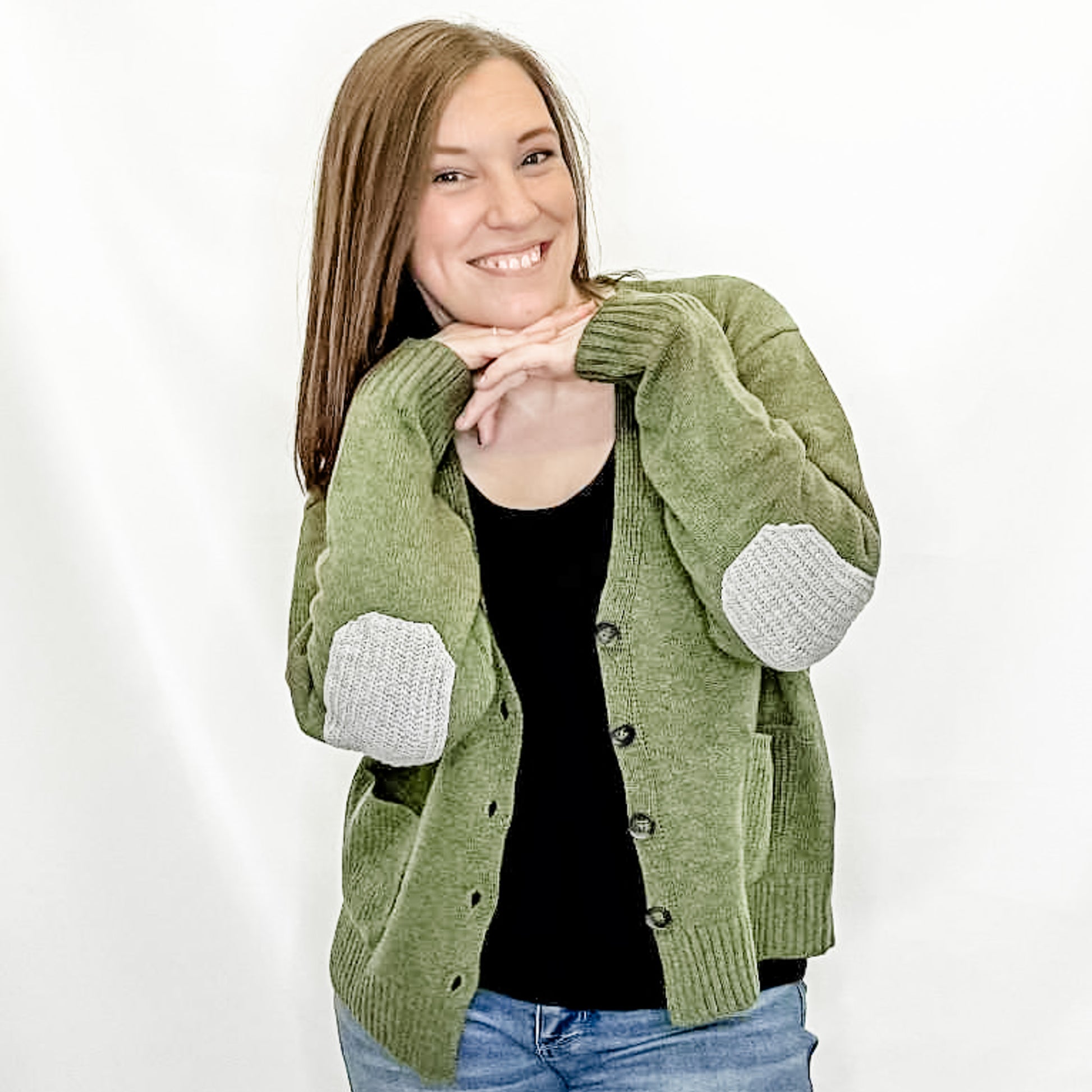 Olive or Rust Cardigan with Elbow Patches. True to size. S, M, L.