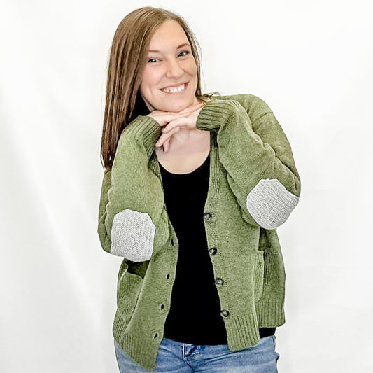 Olive or Rust Cardigan with Elbow Patches. True to size. S, M, L.