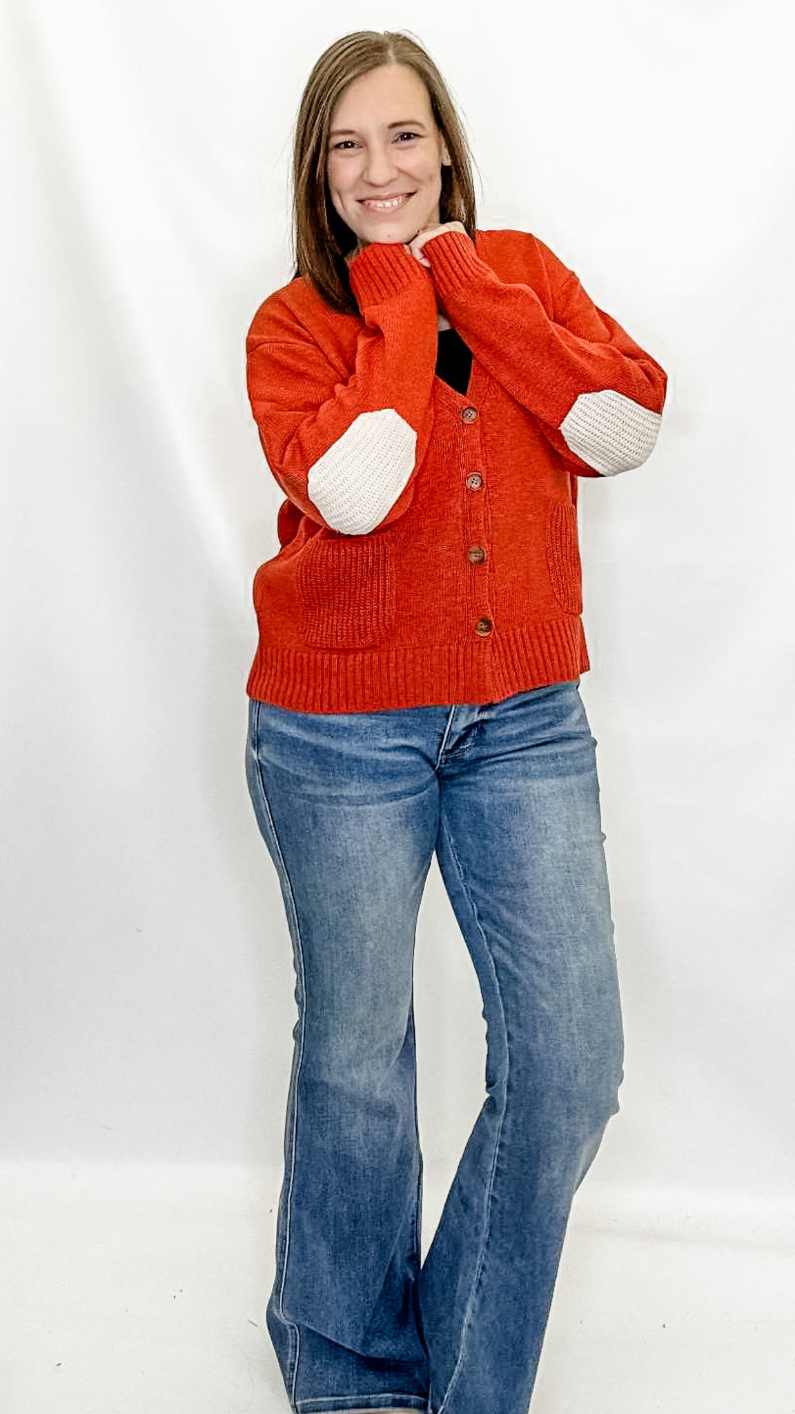 Olive or Rust Cardigan with Elbow Patches. Heimish brand. True to size. S, M, L.